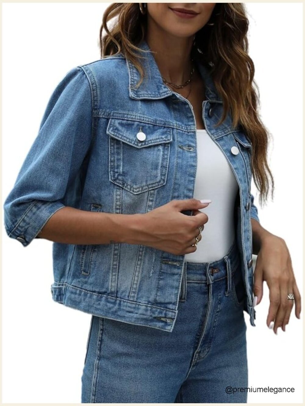 3/4 Sleeve Cropped Denim Jacket Lapel Button Down Trucker Jean Coat